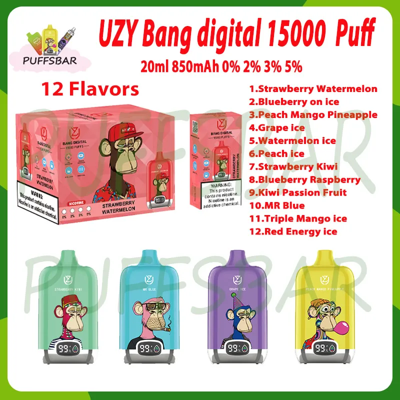 Original UZY Bang Digital 15000 Puff Caneta Vape Descartável 20ml Pod Pré-preenchido Bobina de Malha 650mAh Bateria Recarregável 0% 2% 3% 5% Puffs de Nível 15k E Cigarro 12 Sabores