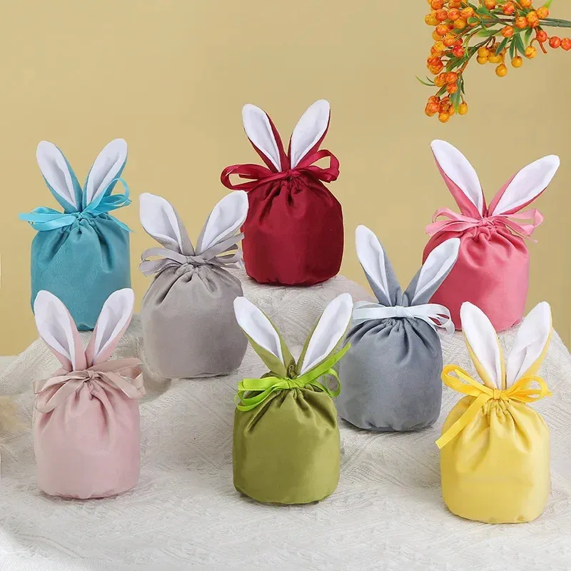 510Pcslot Easter Bunny Rabbit Bags Ears Velvet Bag Gift Box Sugar Wedding Candy Creative Cute Valentine Decor 240116