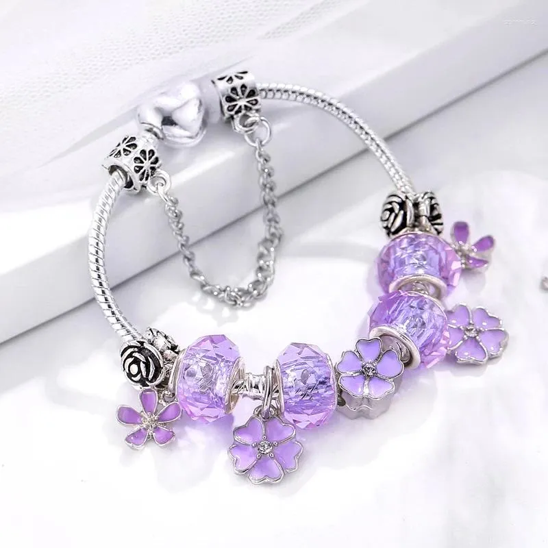 Boosbiy charme pulseiras diy romântico roxo flor contas com pendente banhado a prata ajuste pulseira fina para mulheres jóias presente desgin