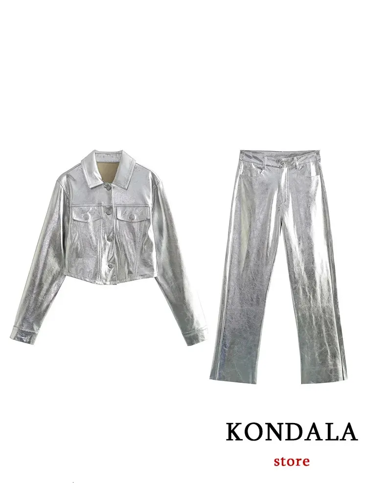 Kondala Vintage Solid Women Suit Single Breasted Pockets Sliver Jackets 스트레이트 느슨한 지퍼 바지 패션 2023 가을 정장 240115