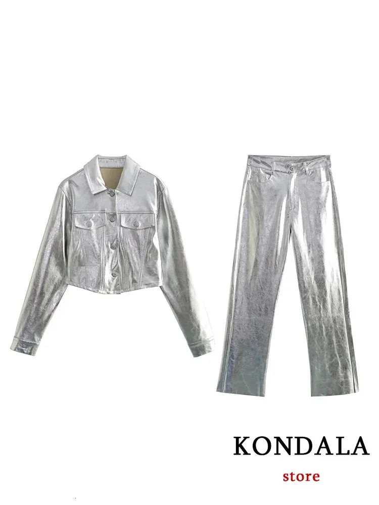 KONDALA Vintage sólido traje de mujer bolsillos de un solo pecho chaquetas plateadas pantalones rectos sueltos con cremallera moda 2023 trajes de otoño 240115