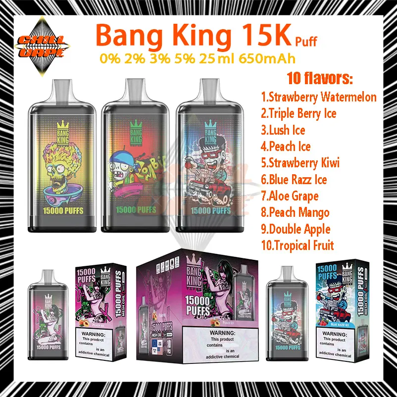 Original Bang King 15000 Puff jetables E cigarettes 1.0ohm Mesh Coil 25ml Pod batterie rechargeable 650 mAh Puff 15K 0% 2% 3% 5% Vape jetable
