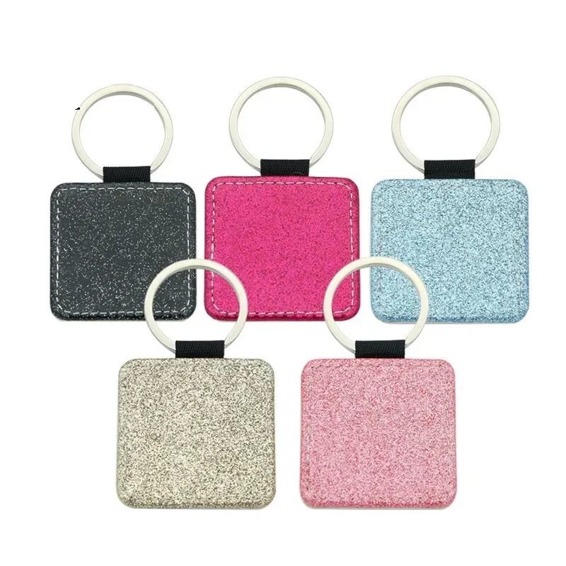 sublimation blank pu leather keychains heart round square rectangle key ring glitter hot transfer printing custom consumables