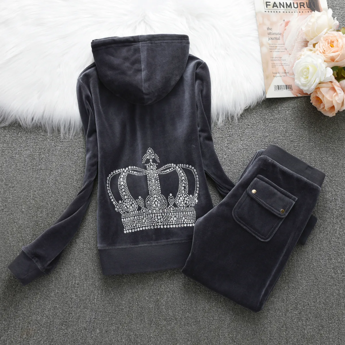 トップス 24karats RHINESTONE VELOUR JERSEY SET-UP Y2k CUSTOM Bling Rhinestone Velour Tracksuit, Personalized