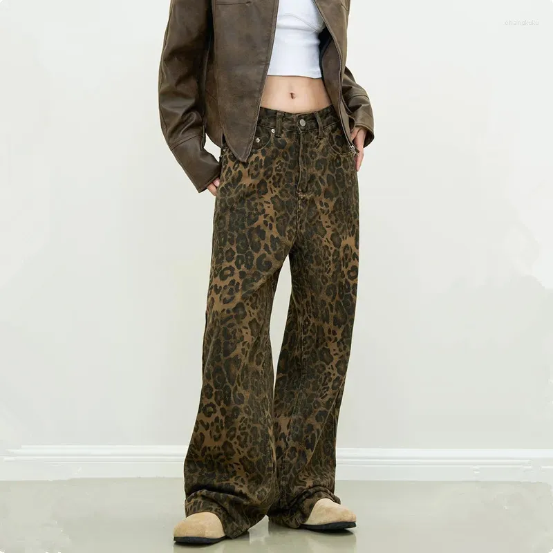 Calças de brim femininas 2024 moda leopardo y2k calças largas para roupas femininas preço em linha reta perna larga calças compridas senhora ropa de mujer