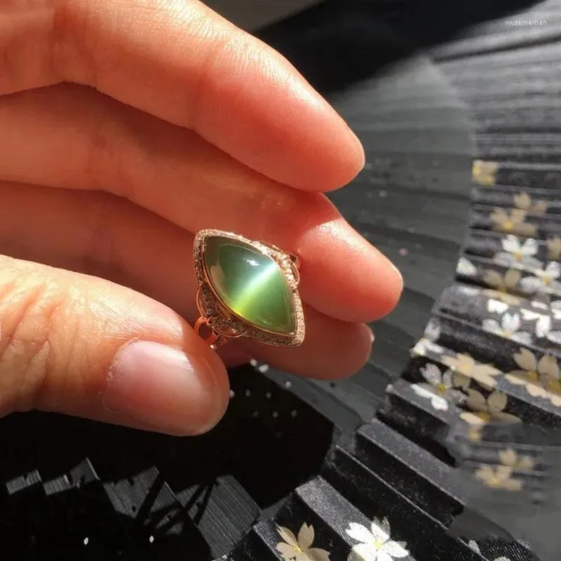 Cluster Rings Original Design Marquise Shape Natural Chrysoprase Ladies Ring Adjustable Ethnic Elegant Attending Party Silver Jewelry