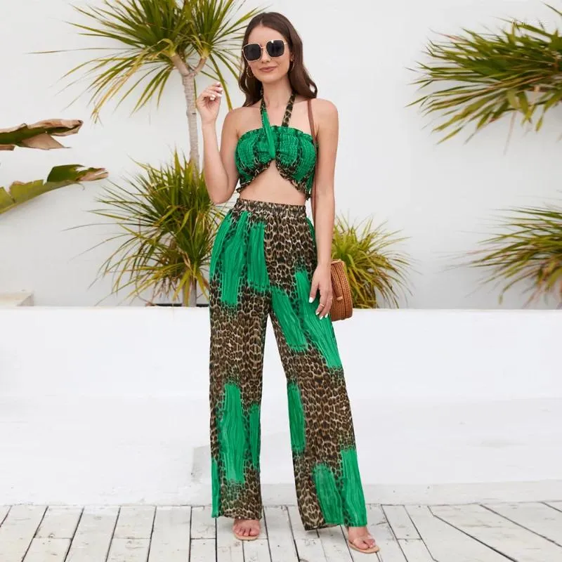 Calças femininas de duas peças 2 conjuntos mulheres verão calça outfits leopardo sem mangas halter tubo tops solto perna larga boêmio casual streetwear