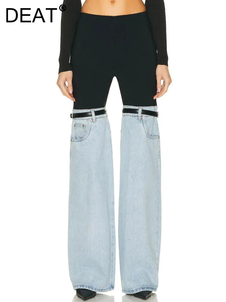 DEAT mode femmes jean taille haute droite Patchwork PU cuir boucle Streetwear Denim pantalon printemps 2024 tendance 17A2013H 240116