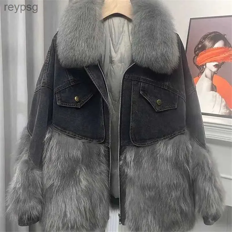 Women's Leather Faux Leather Large fur collar Denim jacket women fur Parkas 2024 winter new fashion splicing coat imitation Racoon hair short outerwear R065 YQ240116