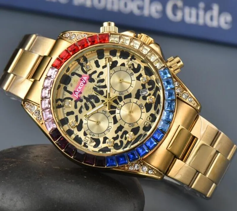 Popular Mens Colorful Diamonds Ring Shinning Starry Dial Watch Quartz Movement Male Time Clock Multi-Function Chronograph Luxury Ceramic Bezel Wristwatch Gifts