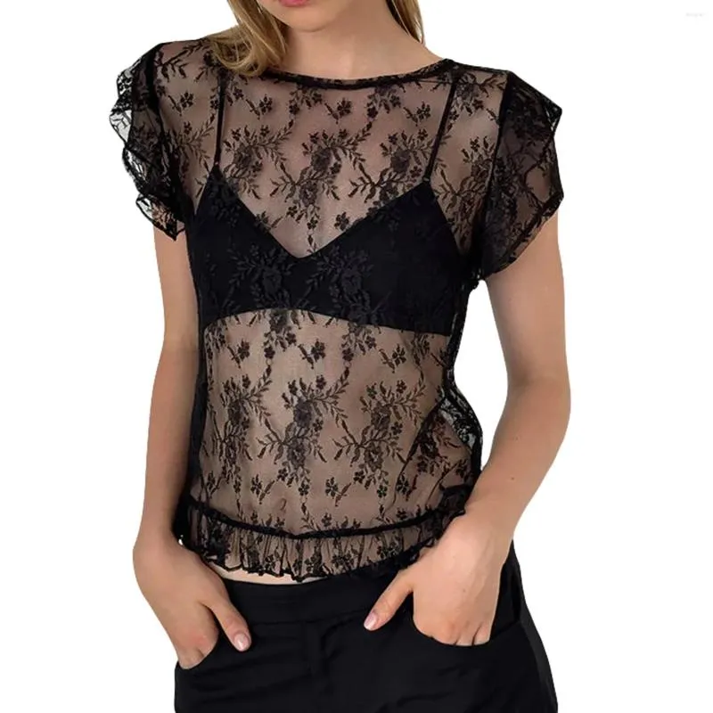 Kvinnors T-skjortor Kvinnor Lace Top Crew Neck Short Sleeve See-Through Summer Sheer T-Shirt Clubwear