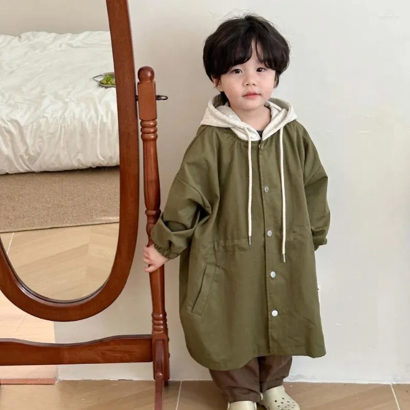 Coat 2024 Spring Kids Contrast Color Hooded Trench Jackets Boys And Girls Loose Casual Long Style Wind