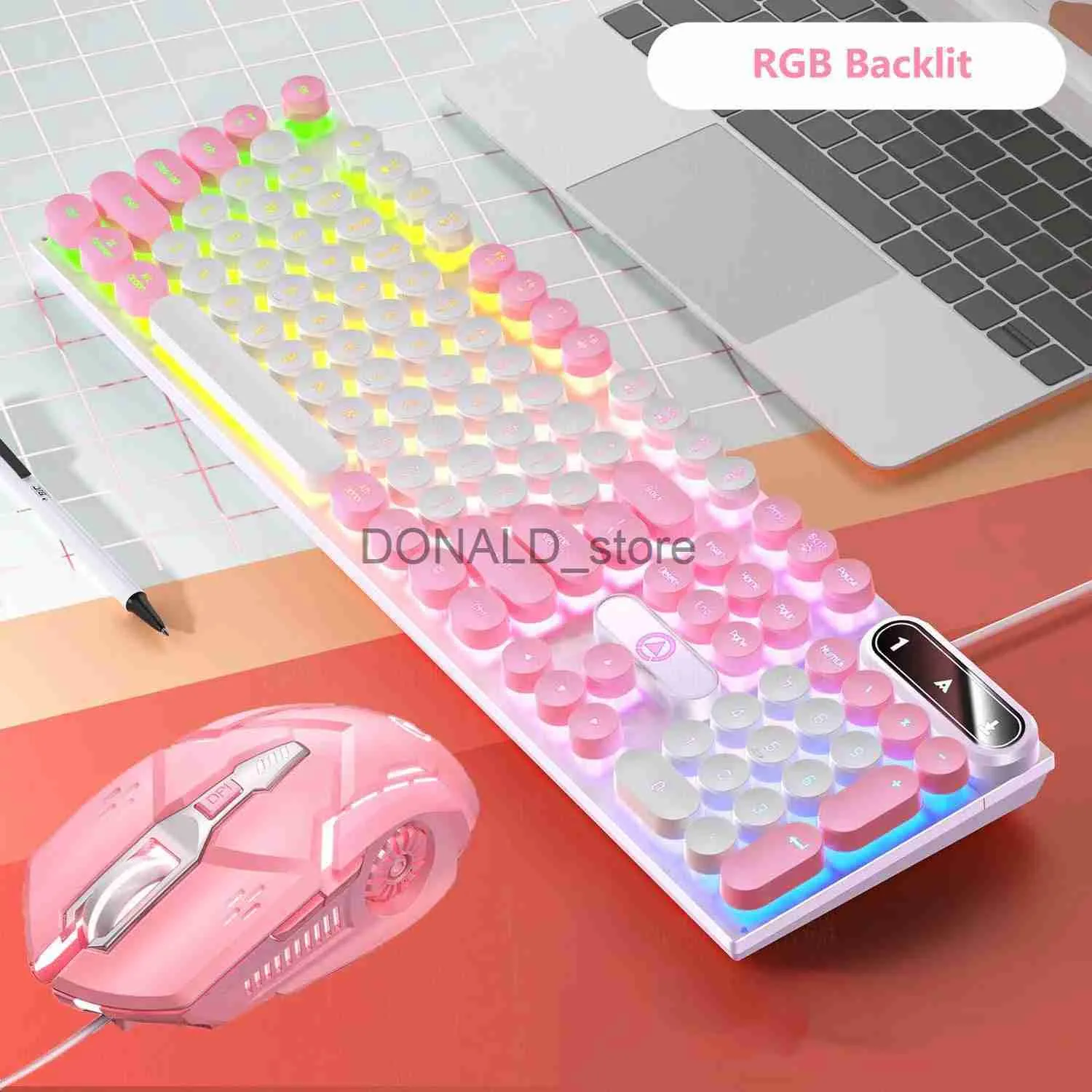 Teclados K600G5 Teclado e Mouse Set Cor Misturada Retro Punk Rosa Branco Teclas Teclado de Jogo Com Fio Branco / Misto Retroiluminado com Mouse RGB J240117