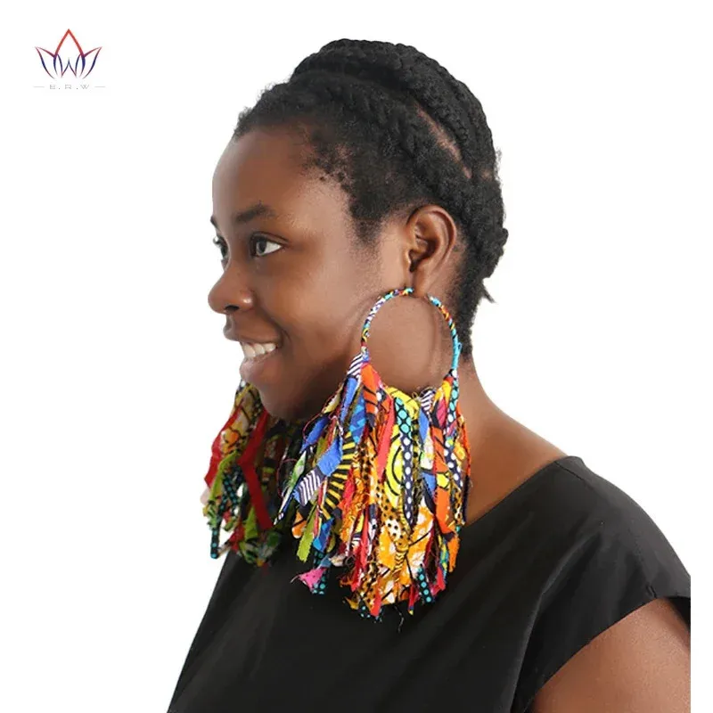 Boucles d'oreilles en tissu africain faites à la main avec des glands pour les femmes imprimé Ankara grand surdimensionné WYB1198 240116