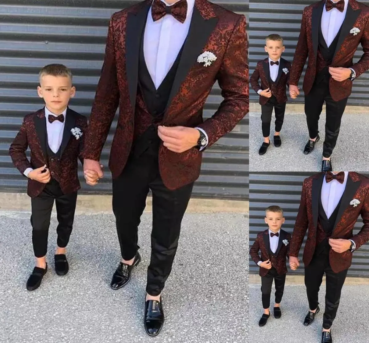 Dark Red Floral Pattern Boy Formal Wear Suits Dinner Tuxedos Little Boys Kids For Wedding Party Prom Suit JacketVestPant9318885