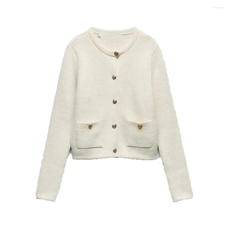 Women's Knits Zach AiIsa Autumn And Winter Versatile High Quality Round Neck Long Sleeve Pocket Gold Breasted Knitted Jacket