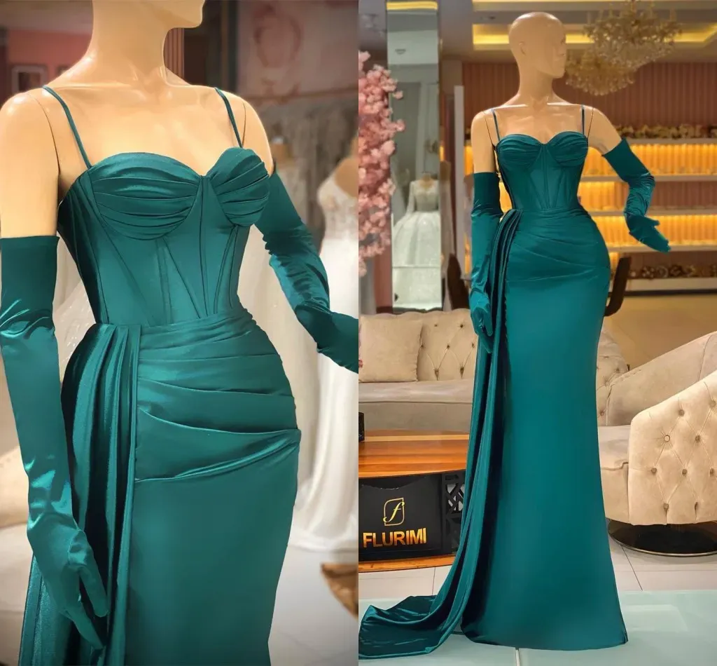 2024 turquesa vestidos de baile cintas de espaguete sereia feito sob encomenda plus size trem varredura cetim celebridade festa vestido de baile formal vestidos de noite