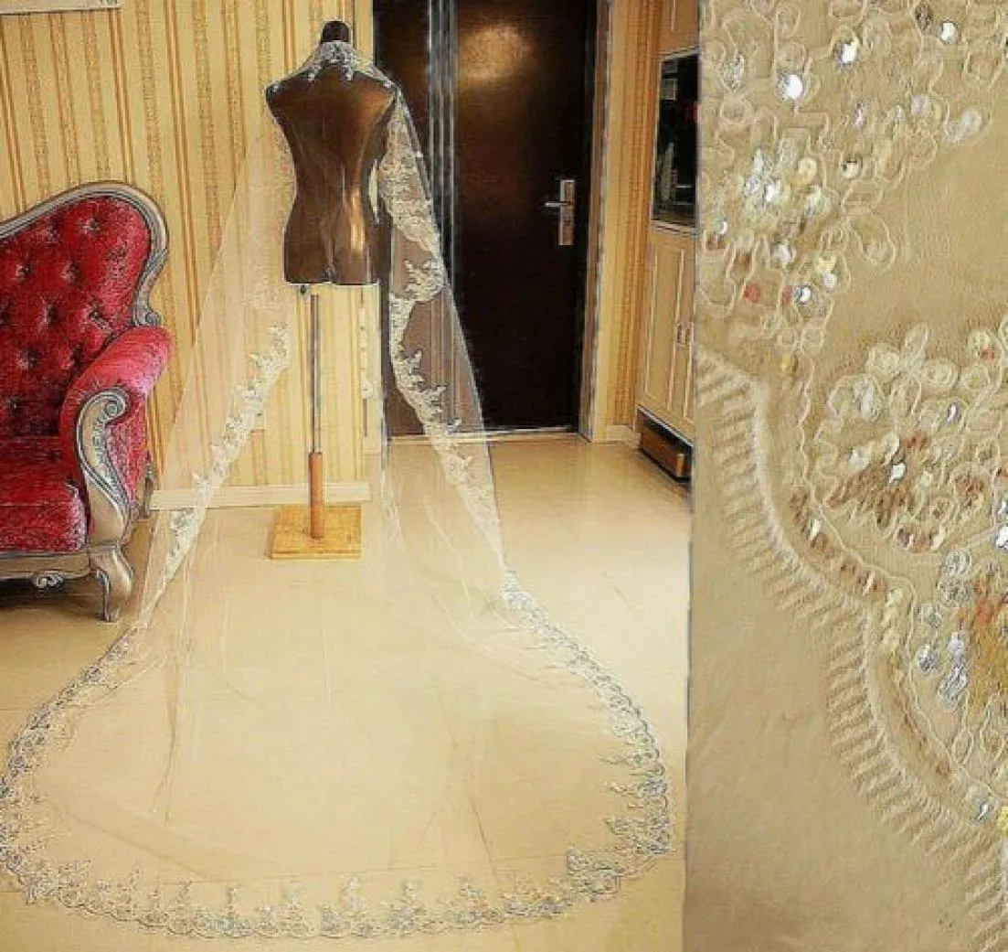 Nouveau incroyable image réelle voiles de mariage 3 mètres de long voile dentelle une couche longueur cathédrale pas cher voiles de mariée paillettes fleur Edge4565051