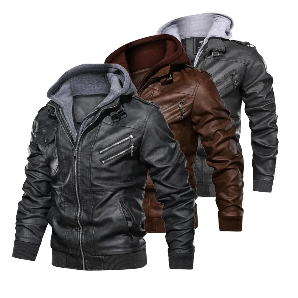 Automne hiver coupe-vent hommes veste en cuir pardessus chaud PU Biker veste manteau avec capuche mode veste décontractée vêtements masculins 240116