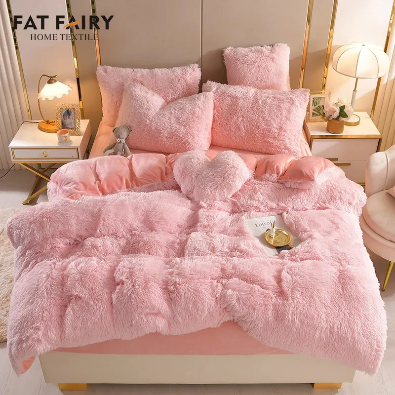 Pluche Pure Kleur Shaggy Warm Fleece Meisje Beddengoed Set Nertsen Fluwelen Voor Thuis Enkel Dubbel Dekbedovertrek Set Laken kussenslopen 240117