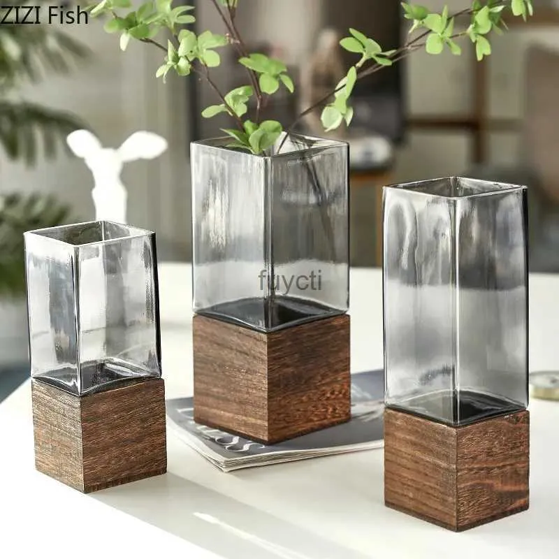 Vases Creative Square Glass Vase Wood Base Desk Decoration Floral Vases Hydroponics Flowers Pots Flower Arrangement Modern Home Decor YQ240117