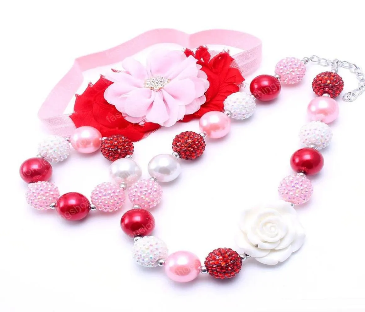 Collana di design di colore rosa rosso Bracciale fascia per capelli 3 pezzi Set di gioielli fiore di rosa per bambini ragazze Bubblegum Baby Kids collana robusta J6160052