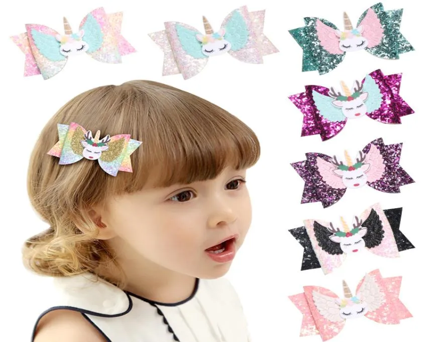 10pcslot Glitter Felt Shinning Bow Hair Modish Girls Clips para el cabello Impresión de capas dobles Niños Unicornio Horquilla Chicas lindas Summer8451785