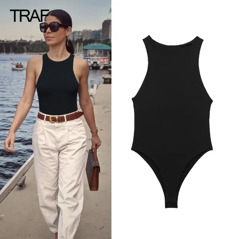 TRAF Body de una pieza para mujer, mono tipo Tanga, mameluco para mujer sin mangas en negro y blanco, mono corto para mujer 240116