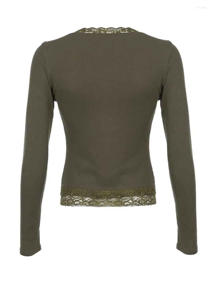 Women's T Shirts Women s Spring Autumn Knit Topps Lång ärm V Neck Lace Trim Vintage Pattern Print T-shirt