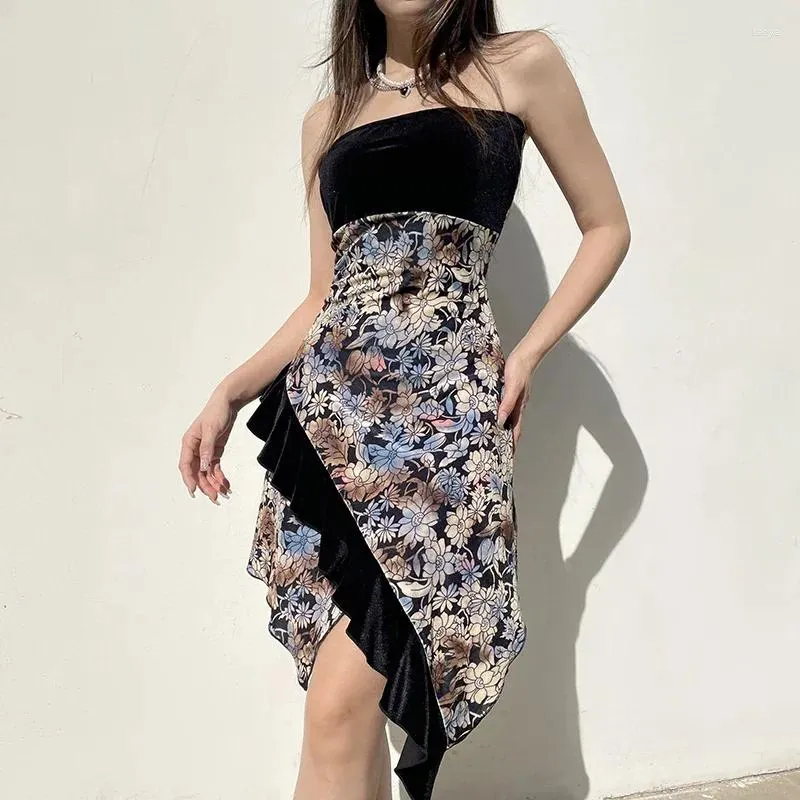 Casual jurken bloemenprint fluwelen vintage jurk dames mouwloos patchwork strapless onregelmatige partij elegante chique sexy vestidos