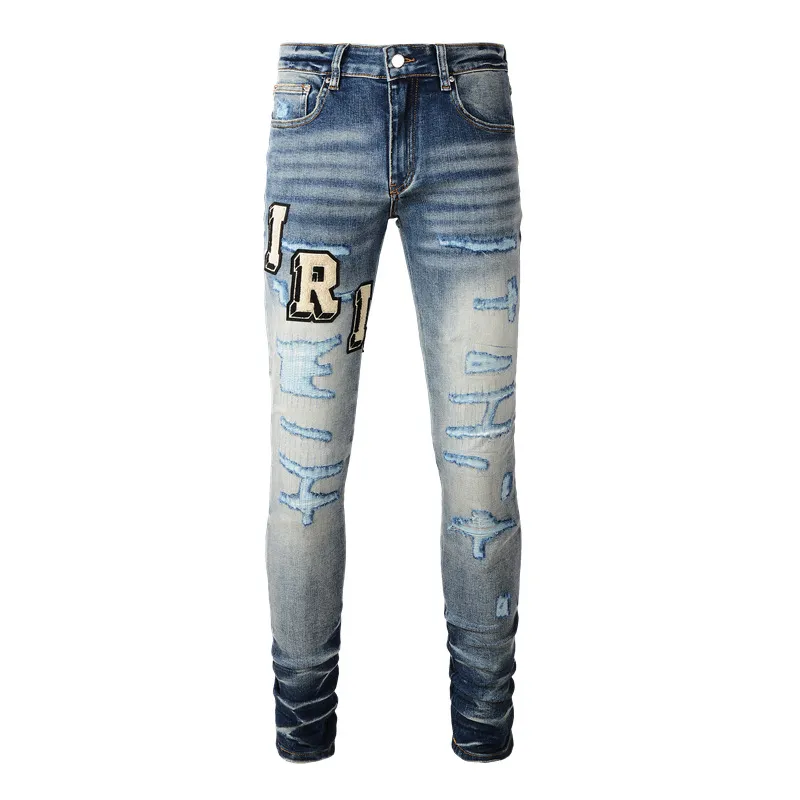 Eua casual homem lavado estiramento lápis calças pano adesivos letras azul velho rasgado jeans amiryes plus size juventude