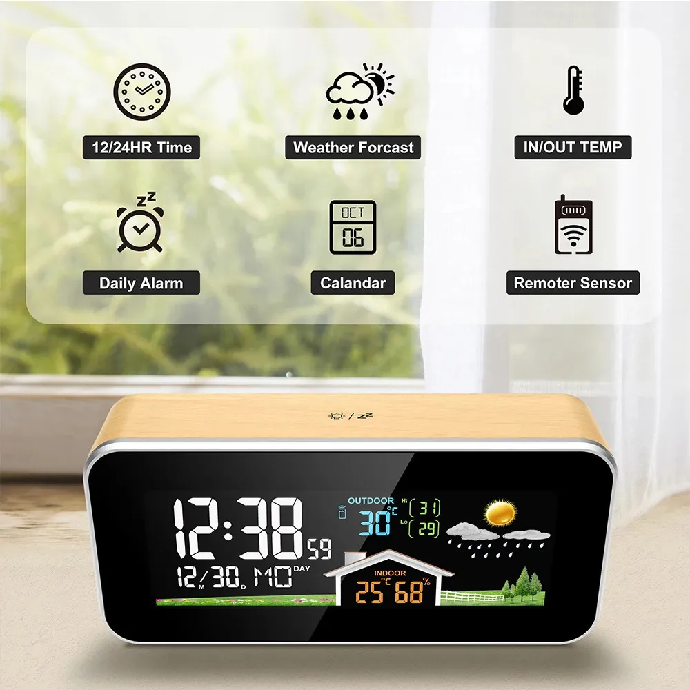 Alarm Clock Digital Surface Wall Decor Time Date Week Temperature Humidity Weather Forecast Wireless Table Desk Watch Wood Clock 240116