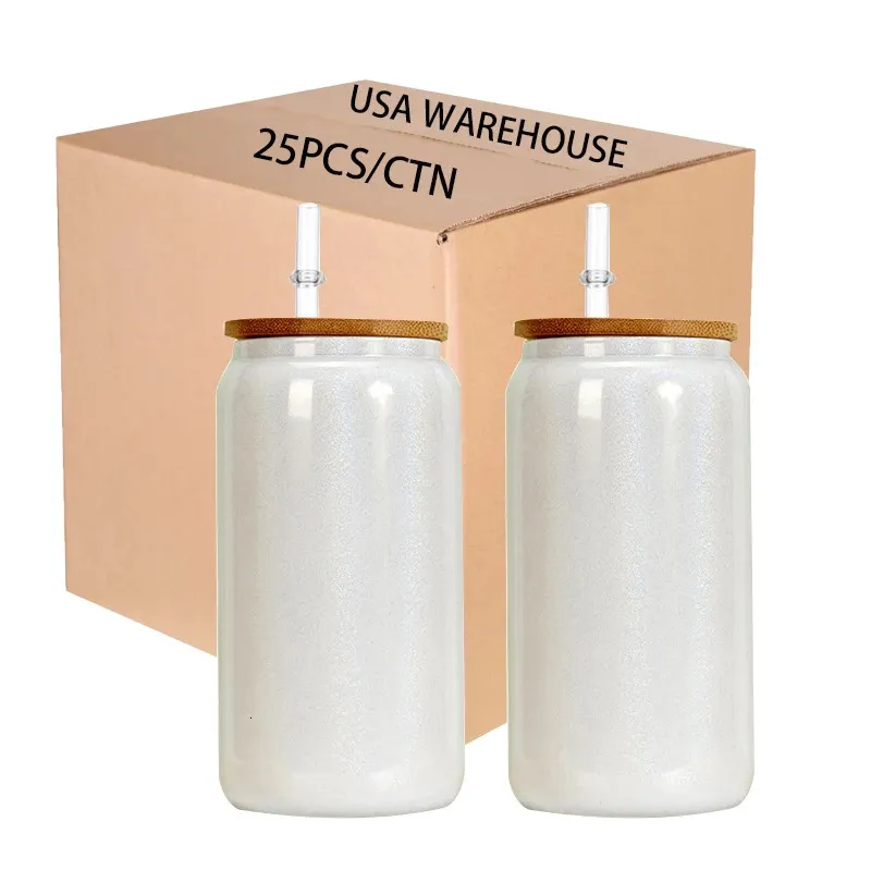 USA Warehouse 25packs Sparkling Rainbow White Shimmer 16oz sublimering Glasburk med bambu lock och plaststrå 240117