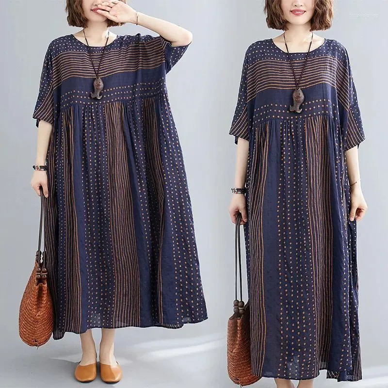 Casual Dresses Women's Literary Cotton Linen Oversized Dress Summer Short Sleeved Striped Loose Large Hem Commuting Light And Thin Long