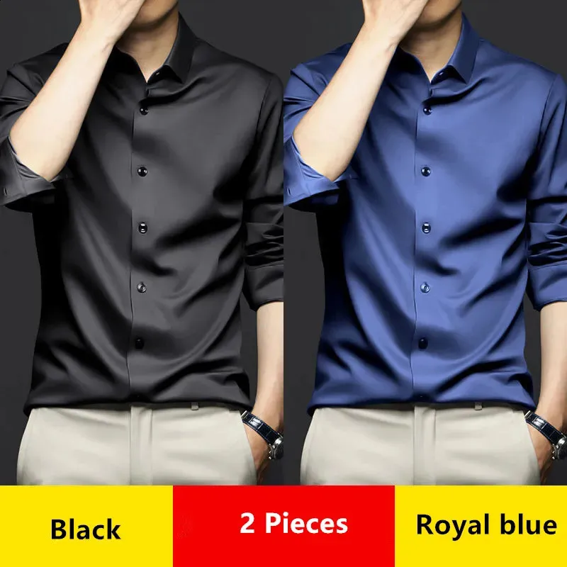 Camisas sociais masculinas de luxo primavera outono suave macio resistente a rugas não-ferro cor sólida casual gelo seda mancha casamento 240117