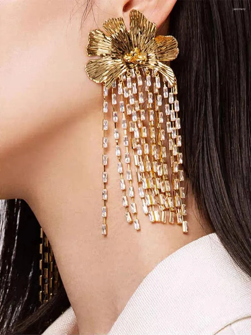 Boucles d'oreilles pendantes Greatera luxe strass gland fleur goutte pour les femmes exagérée couleur or métal Floral suspendus bijoux