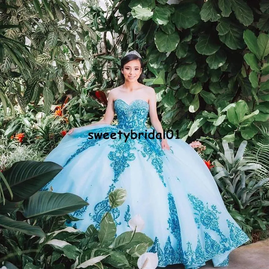 Abito da ballo scintillante con paillettes blu in stile Quinceanera con strascico staccabile 2022 Principessa Sweet 16 Prom Party Wear294d