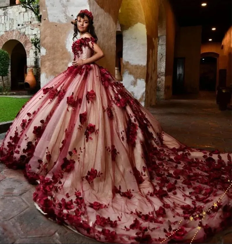 Bordeaux Bloemen Prinses Quinceanera Jurken 2024 Kralen Kristal Parels Vestido De 15 Anos Lace-Up 16e Gala Feestkleding