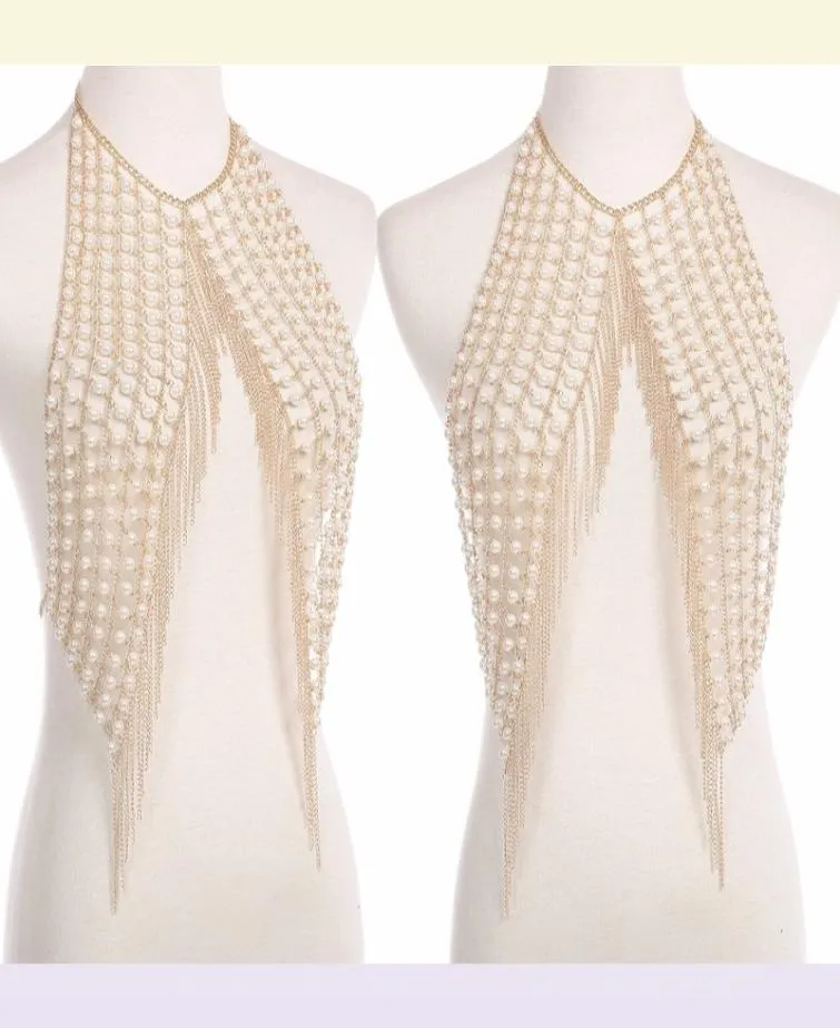 Mode Boho Imitation Pearls Full Body Chain Bar Statement Tassel Pendant Charm Dress Sexy Nightclub Party Jewelry T200508222A8812951