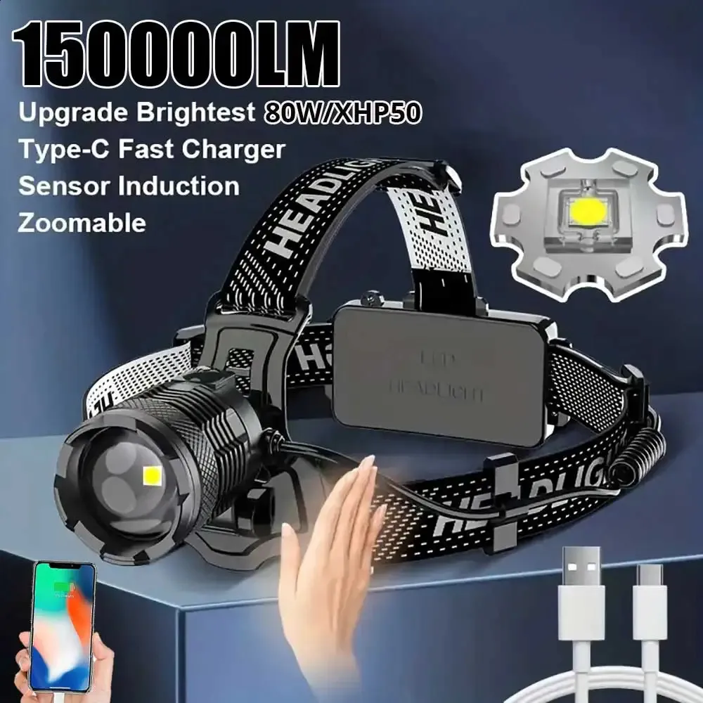 150000 Yüksek Lümen LED Senson far 80W Parlak El Flashlight 8 Mod Zoom IP68 Kamp Avcılığı için Su Geçirmez Kafa Lambası 240117