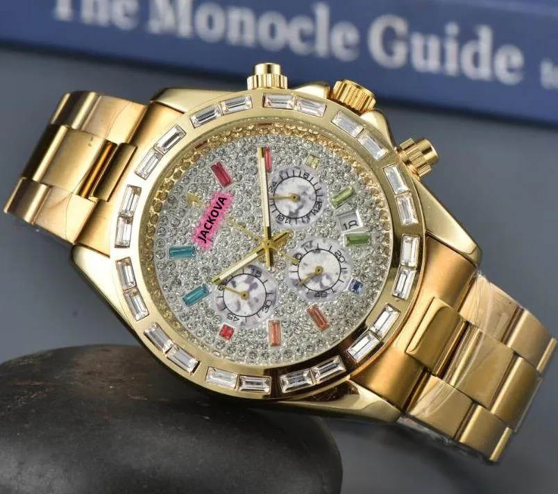 Popular Men Watches full-featured Color Diamonds Ring Shinning Starry Dial Clock Day Date Chronograph Quartz Movement president Wristwatch Montre De Luxe Gifts