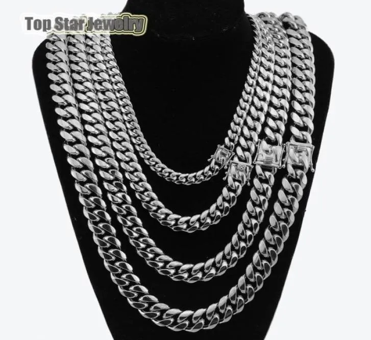 8mm10mm12mm14mm 316L Stainless Steel Jewelry High Polish Miami Cuban Chain Necklace Men Punk Curb ChainDragonBeard Clasp 24qu4600286