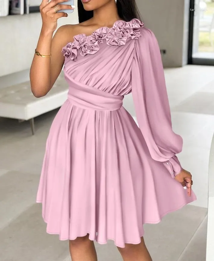 Casual Dresses Sexy Party For Women Floral Mönster One Shoulder 2024 Fashion Ruched Temperament Elegant aftonklänning