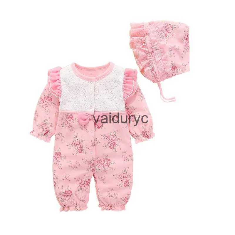 Pullover Lawadka 6-18m Spring Autumn Nowonarodzone dziewczynki Rompers i Hat 2PCS Zestaw Bawełniany Księżniczka Kwiatowe Obrania Kwiatowe 2021 Nowy H240508