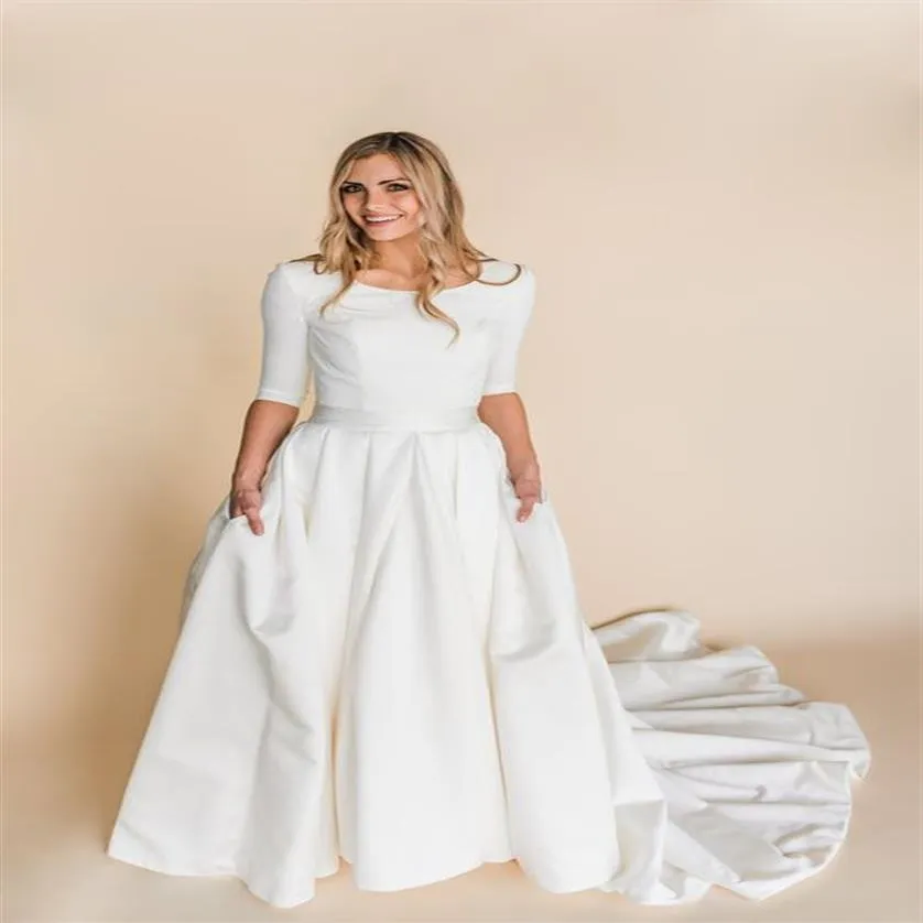 A-ligne Satin Robes de mariée modestes avec 3/4 manches 2020 Nouveau Corset Retour Stretch Top LDS Temple Robes de mariée modestes à manches avec 319F