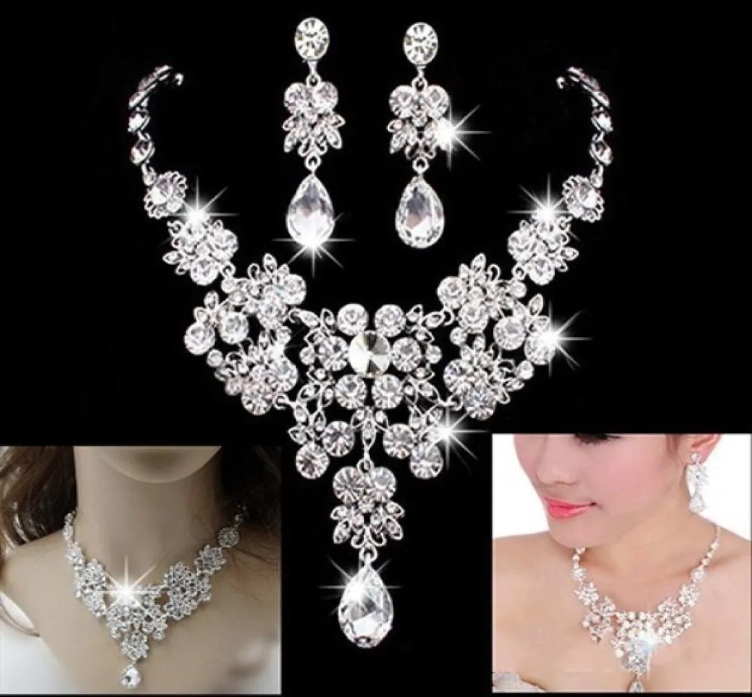 Kvinnor Fashion Crystal Wedding Earrings Jewelry Justerbart hänge halsband Brudsmycken sätter tillbehör5774292