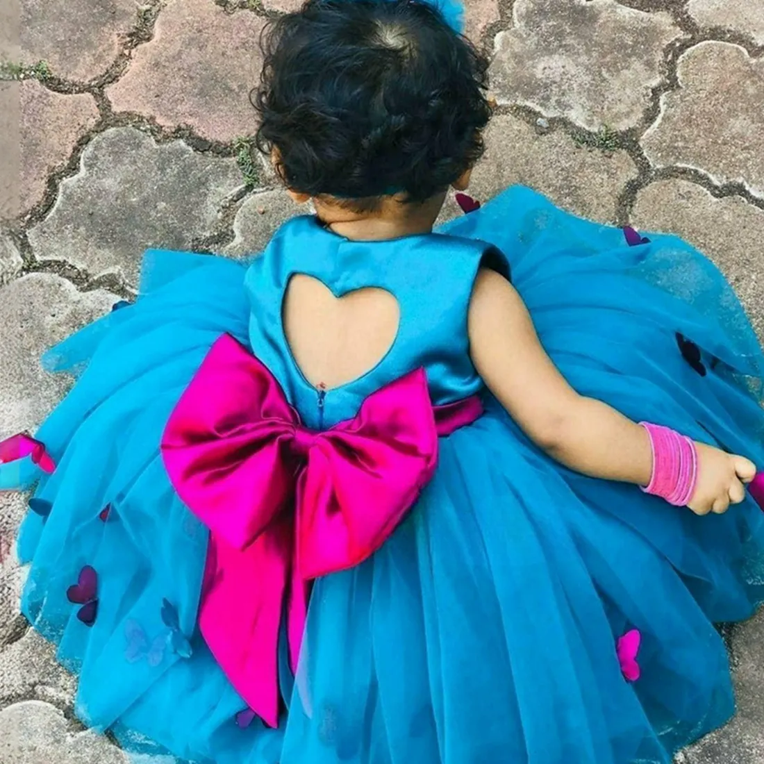 Blue Satin Flower Girl Dresses Jewel Ball Gown Princess Gowns Bow at Back Tiered Tulle Beaded Sequins Hand Made Butterfly Gowns Daughter and Mother Dress CF002