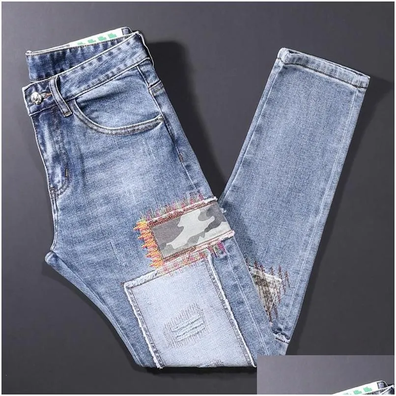 Men'S Jeans Mens Jeans Street Style Fashion Men Retro Light Blue Elastic Slim Fit Ripped Es Designer Hip Hop Denim Pants Hombremens D Dhwmu