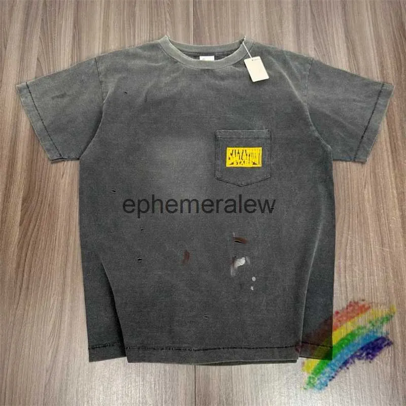 Herren T-Shirts Washed Tie-Dyed Pocket Hole T-Shirt Männer Frauen 1 1 Hochwertiges Damage Graffiti T-Shirt kurzlebig