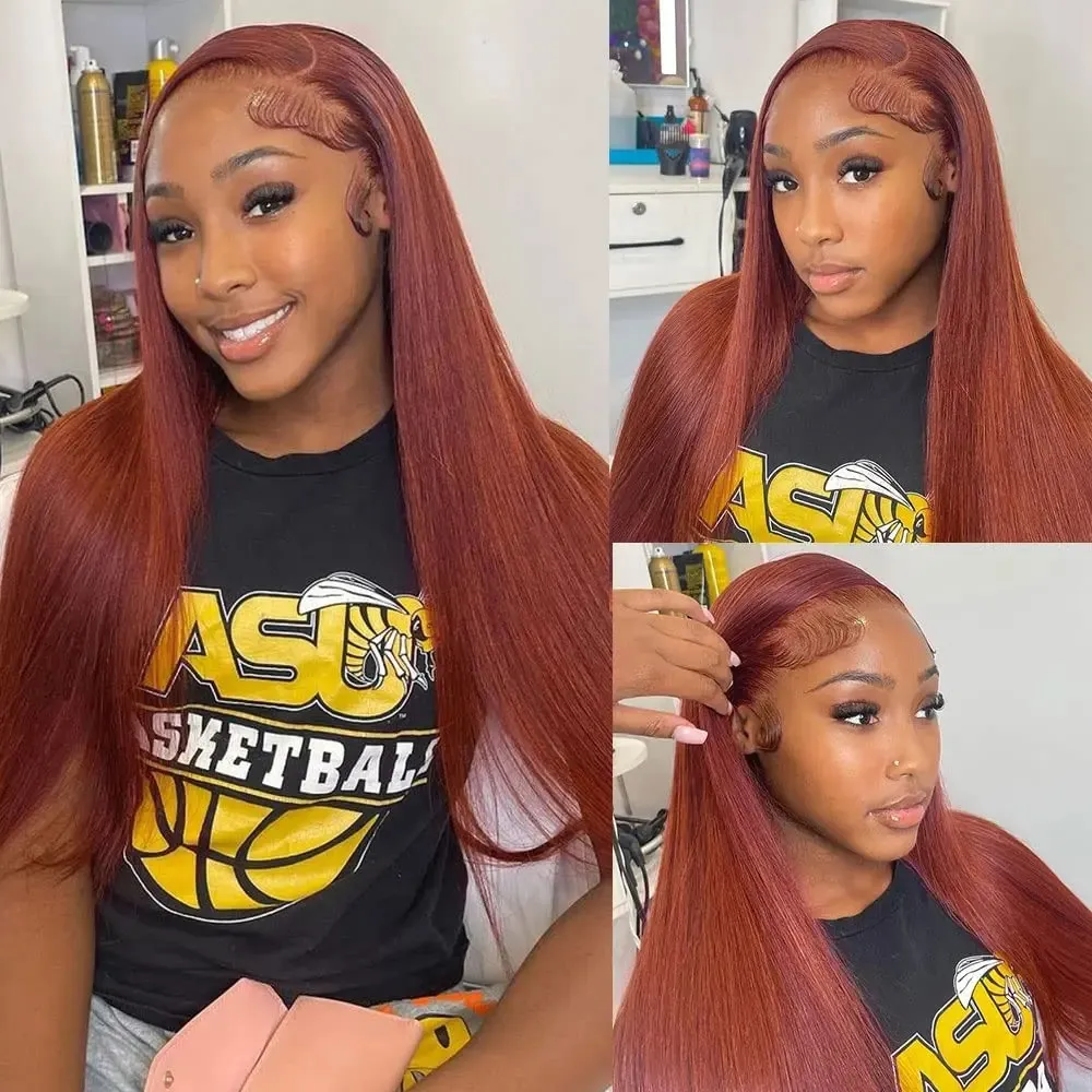 Reddish Brown Lace Front Human Hair Pre Plucked Dark Red Brown Bone Straight 13x4 13x6 HD Lace Frontal Wig on Sale Clearance